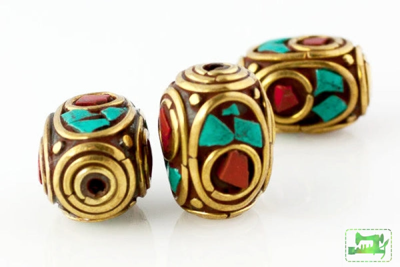 Handmade Tibetan Bead - Turquoise, Red Stone and Brass Rounded Rectang –  Craft de Ville