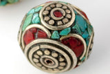 Handmade Tibetan Bead - Turquoise, Red Stone and Silver Large Donut - Perfectly Reasonable Tours - Craft de Ville