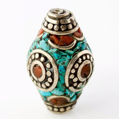 Handmade Tibetan Bead - Turquoise, Red Stone and Silver Elongated Bicone - Perfectly Reasonable Tours - Craft de Ville