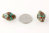 Handmade Tibetan Bead - Turquoise, Red Stone and Silver Elongated Bicone - Perfectly Reasonable Tours - Craft de Ville