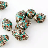 Handmade Tibetan Bead - Turquoise, Red Stone and Silver Elongated Bicone - Perfectly Reasonable Tours - Craft de Ville