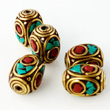 Handmade Tibetan Bead - Turquoise, Red Stone and Brass Rounded Rectangle - Perfectly Reasonable Tours - Craft de Ville