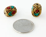 Handmade Tibetan Bead - Turquoise, Red Stone and Brass Rounded Rectangle - Perfectly Reasonable Tours - Craft de Ville