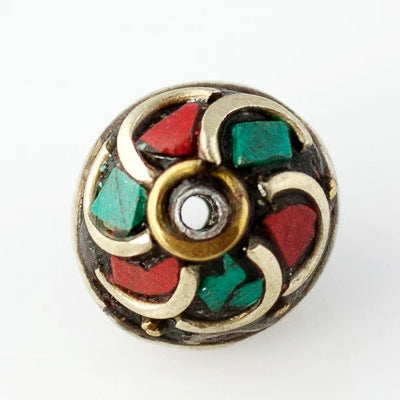 Handmade Tibetan Bead - Turquoise, Red Stone and Brass Round - Perfectly Reasonable Tours - Craft de Ville