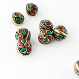 Handmade Tibetan Bead - Turquoise, Red Stone and Brass Round - Perfectly Reasonable Tours - Craft de Ville