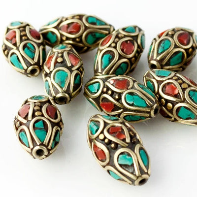 Handmade Tibetan Bead - Turquoise, Red Stone and Brass Tapered Cyclinder - Perfectly Reasonable Tours - Craft de Ville