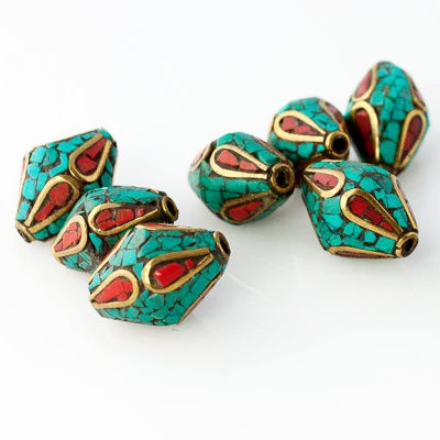 Handmade Tibetan Bead - Turquoise and Brass Bicone with Red Stone Teardrop - Perfectly Reasonable Tours - Craft de Ville