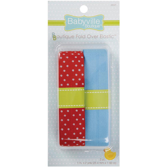 Babyville Fold-Over Elastic - 1 X 4 Yards Red With White Polks Dots & Pale Blue Fold Over