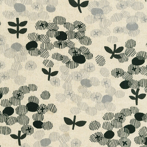 Cotton Flax Prints - Woven Blossoms On Natural Canvas Fabric
