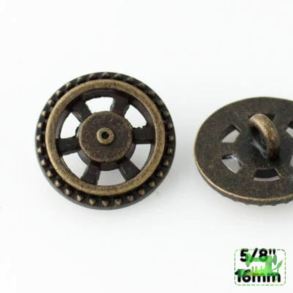 Open Wheel Button - Antique Brass - 5/8
