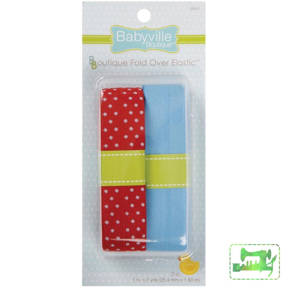 Babyville Fold-Over Elastic - 1 X 4 Yards Red With White Polks Dots & Pale Blue Fold Over