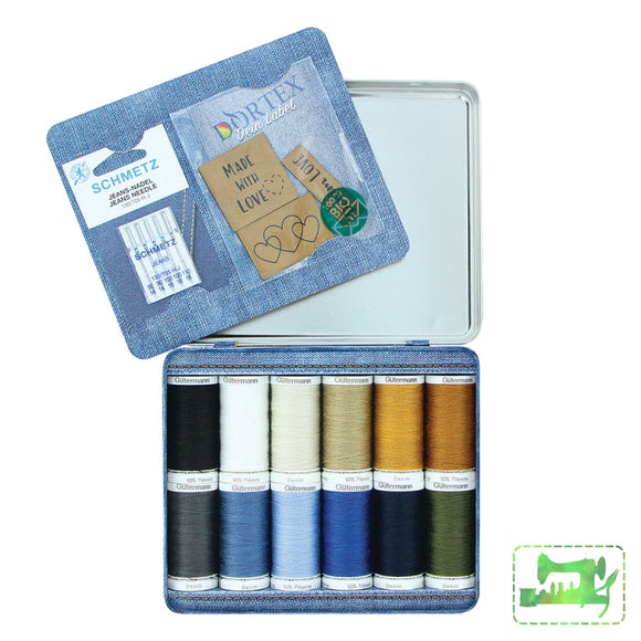 Gutermann Thread Storage Tin Denim Thread With Needles and Labels