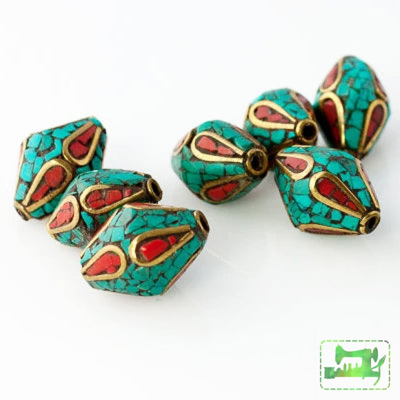 Handmade Tibetan Bead - Turquoise and Brass Bicone with Red Stone Teardrop - Perfectly Reasonable Tours - Craft de Ville