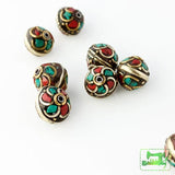 Handmade Tibetan Bead - Turquoise, Red Stone and Brass Round - Perfectly Reasonable Tours - Craft de Ville