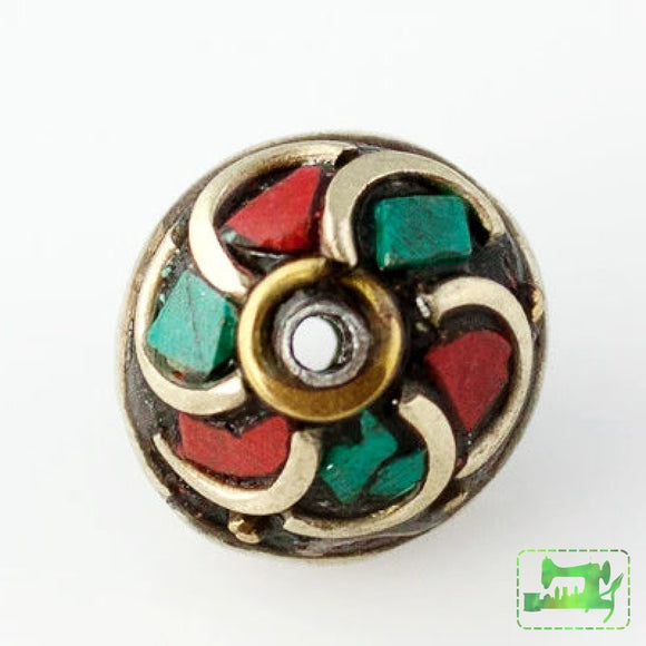 Handmade Tibetan Bead - Turquoise, Red Stone and Brass Round - Perfectly Reasonable Tours - Craft de Ville