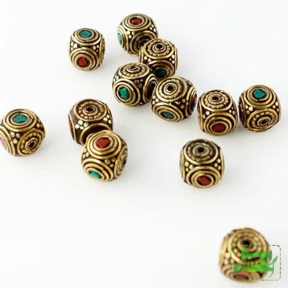 Handmade Tibetan Bead - Turquoise, Red Stone and Brass Rounded Cube - Perfectly Reasonable Tours - Craft de Ville