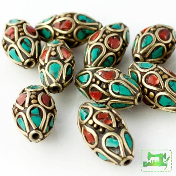 Handmade Tibetan Bead - Turquoise, Red Stone and Brass Tapered Cyclinder - Perfectly Reasonable Tours - Craft de Ville