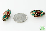 Handmade Tibetan Bead - Turquoise, Red Stone and Brass Tapered Cyclinder - Perfectly Reasonable Tours - Craft de Ville