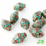 Handmade Tibetan Bead - Turquoise, Red Stone and Silver Elongated Bicone - Perfectly Reasonable Tours - Craft de Ville