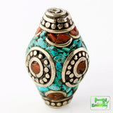 Handmade Tibetan Bead - Turquoise, Red Stone and Silver Elongated Bicone - Perfectly Reasonable Tours - Craft de Ville