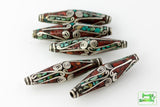 Handmade Tibetan Bead - Turquoise, Red Stone and Silver Hairpipe - Perfectly Reasonable Tours - Craft de Ville