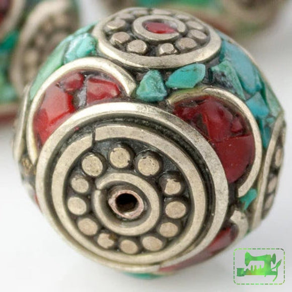 Handmade Tibetan Bead - Turquoise, Red Stone and Silver Large Donut - Perfectly Reasonable Tours - Craft de Ville
